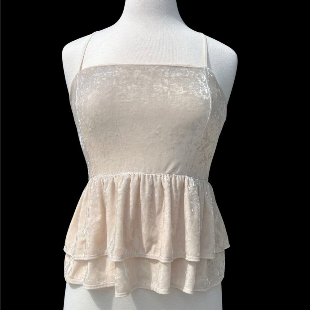 American Eagle Outfitters Velvet Cami Soft Girl Cream Tiered Peplum Tank Top